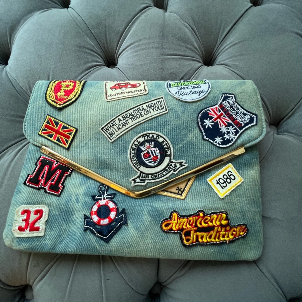 Denim clutch with patches